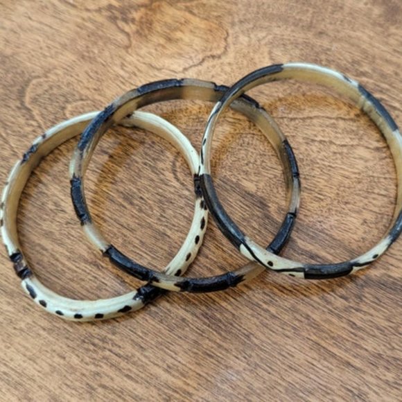 VINTAGE Painted Bangle Set of 3 Retro Boho Handmade Tribal Statement Jewelry - Picture 2 of 9